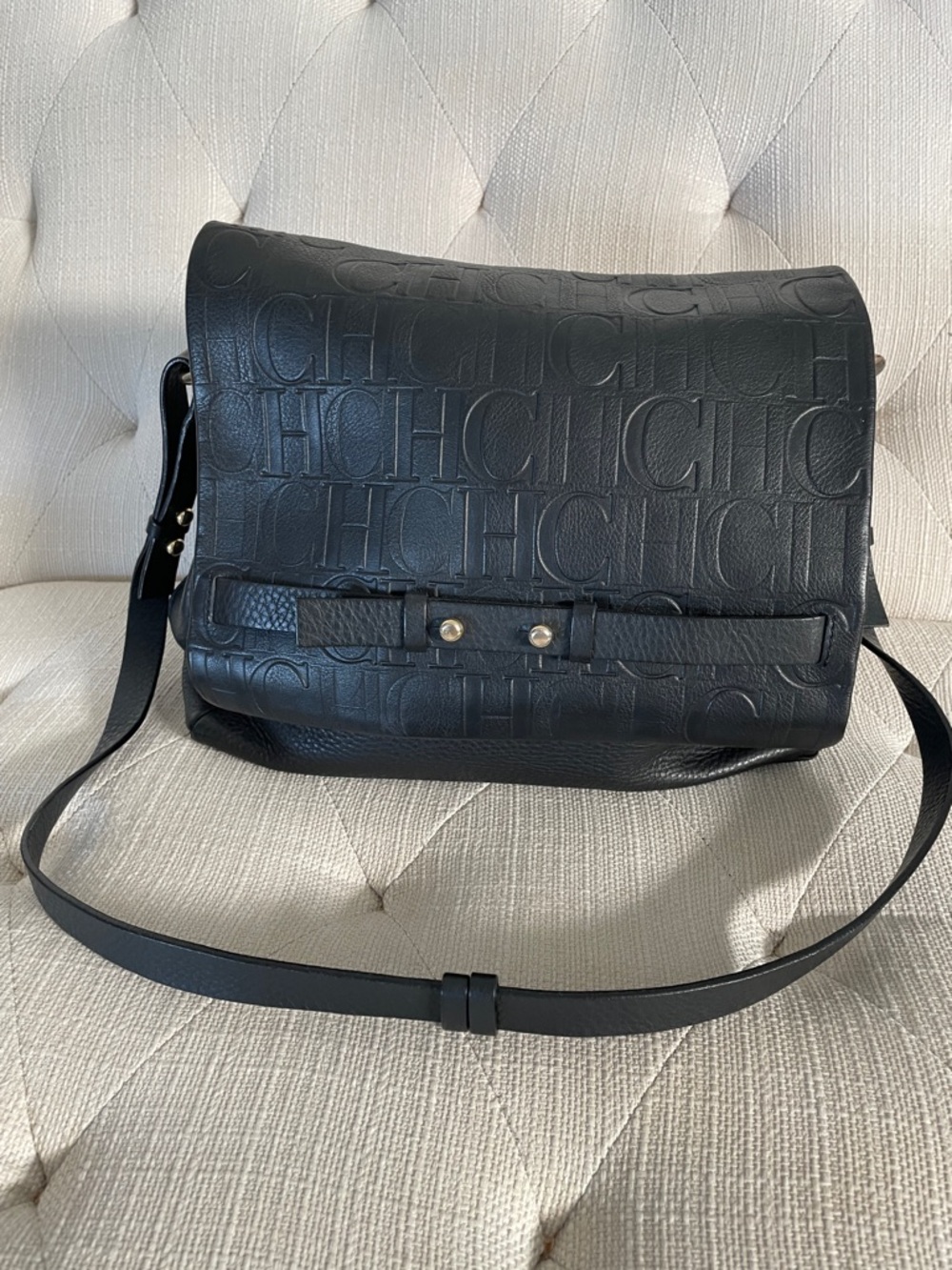 Carolina Herrera Embossed CH Logo Black Leather Messenger